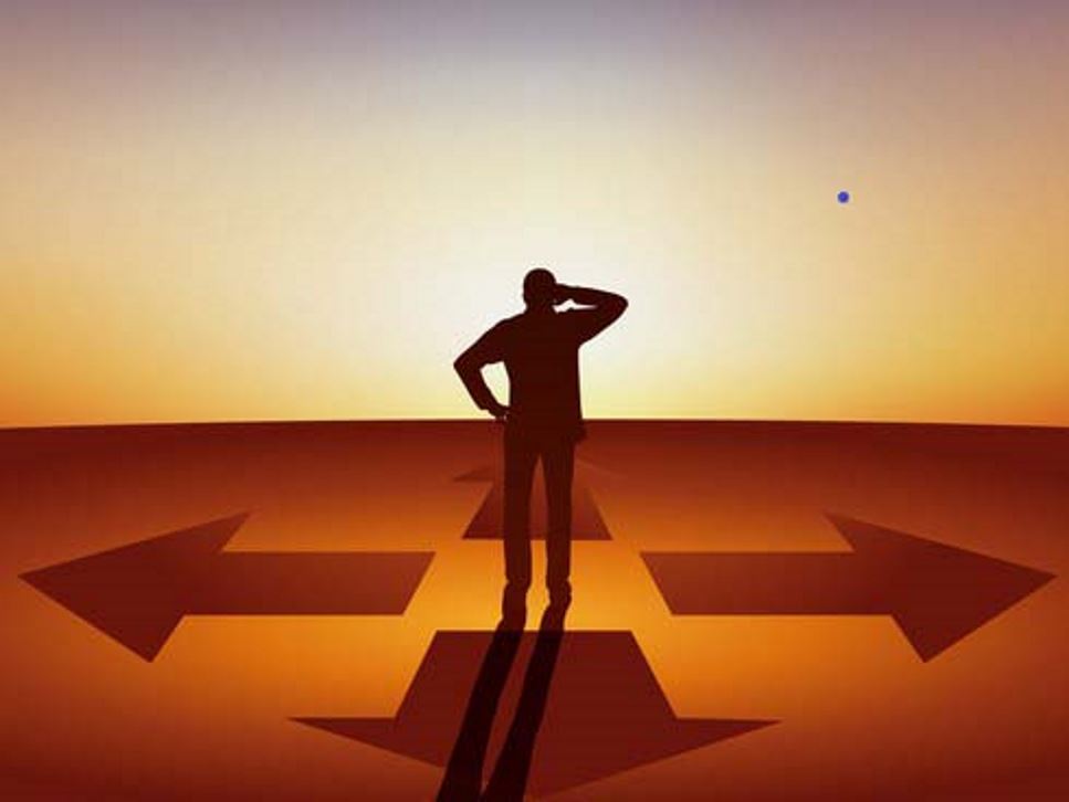 Back of person facing the sunset on a brown plain with arrows pointing in four directions around them.