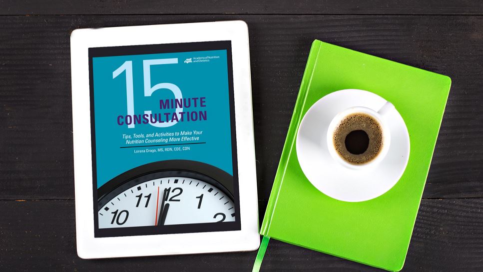 15-Minute Consultation: Tips, Tools, and Activities to Make Your Nutrition Counseling More Effective on a tablet screen, with the tablet lying on a desk.