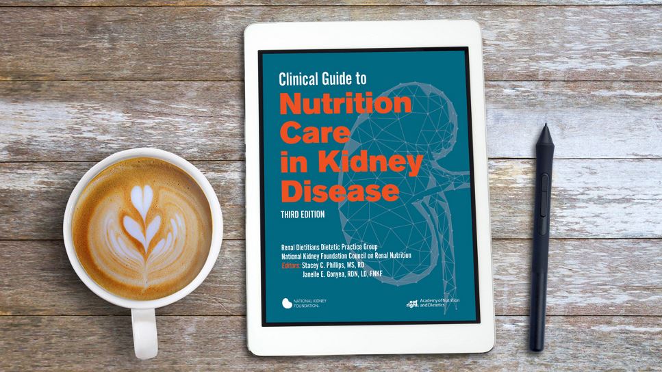 Clinical Guide to Nutrition Care in Kidney Disease 3rd Edition on a tablet screen, with the tablet lying on a desk.