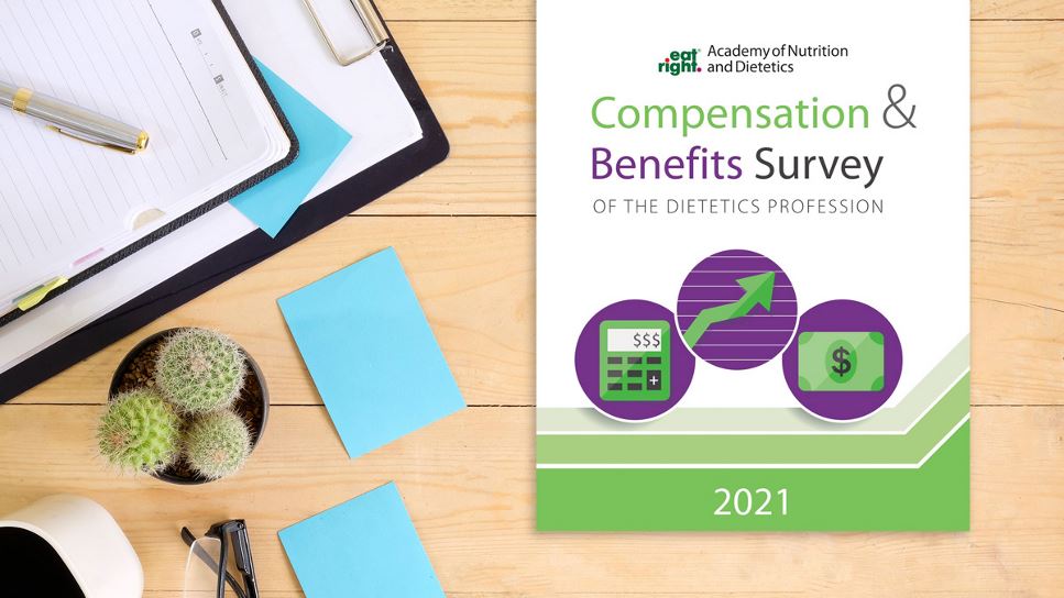 Copy of Compensation & Benefits Survey of the Dietetics Profession 2021 lying on a desk.