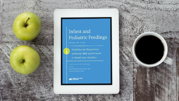 Infant and Pediatric Feedings, 3rd Ed. on a tablet screen, with the tablet lying on a desk.
