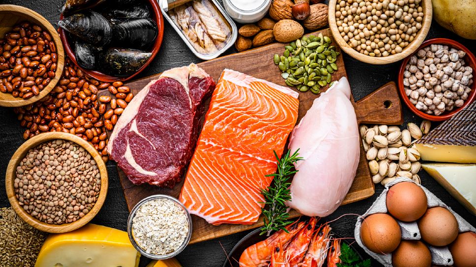 Is there a Place for Dietary Protein Beyond the RDA in an Aging Population? | A table filled with foods associated with protein