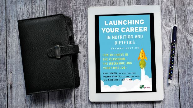 Launching Your Career in Nutrition and Dietetics on a tablet screen, with the tablet lying on a desk.