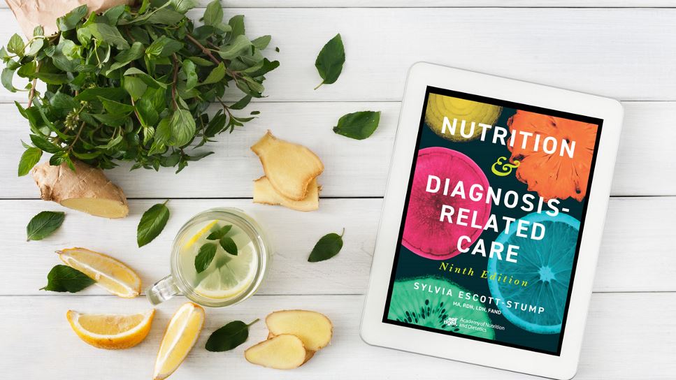 Nutrition & Diagnosis-Related Care, 9th Ed. on a tablet screen, with the tablet lying on a desk.