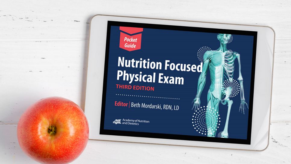 Nutrition Focused Physical Exam Pocket Guide, 3rd Ed. on a tablet screen, with the tablet lying on a desk.