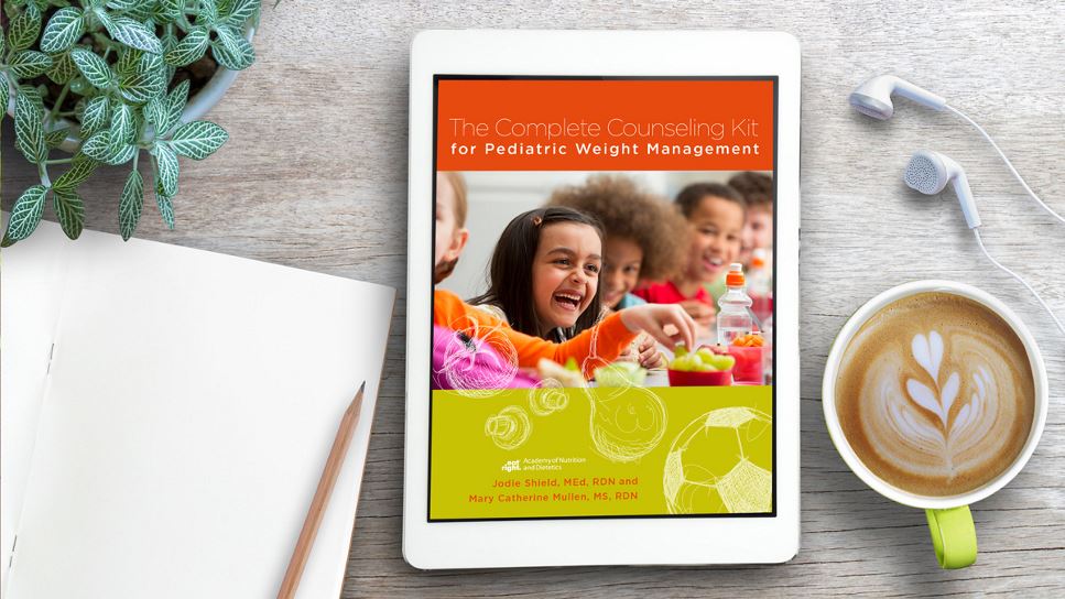 The Complete Counseling Kit for Pediatric Weight Management on a tablet screen, with the tablet lying on a desk.