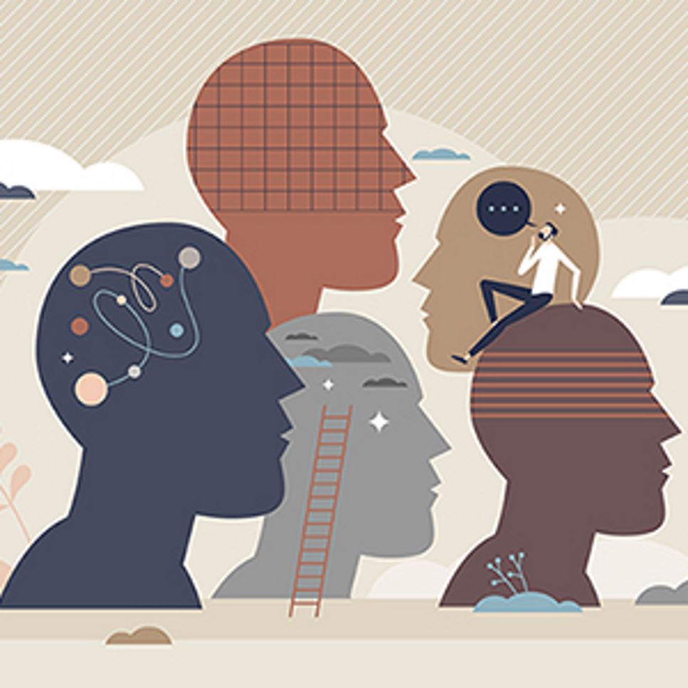 Five silhouettes of heads with different designs on them