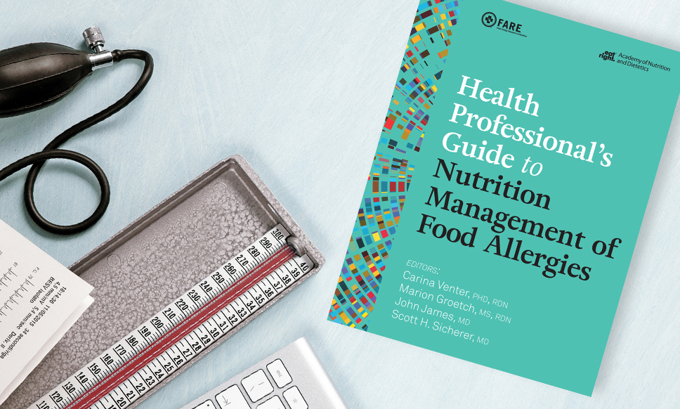 Health Professional's Guide to Nutrition Management of Food Allergies book on a registered dietitian nutritionist's desk